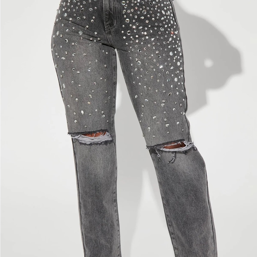 FashionNova Embellished Straight Leg Jeans- Size 11